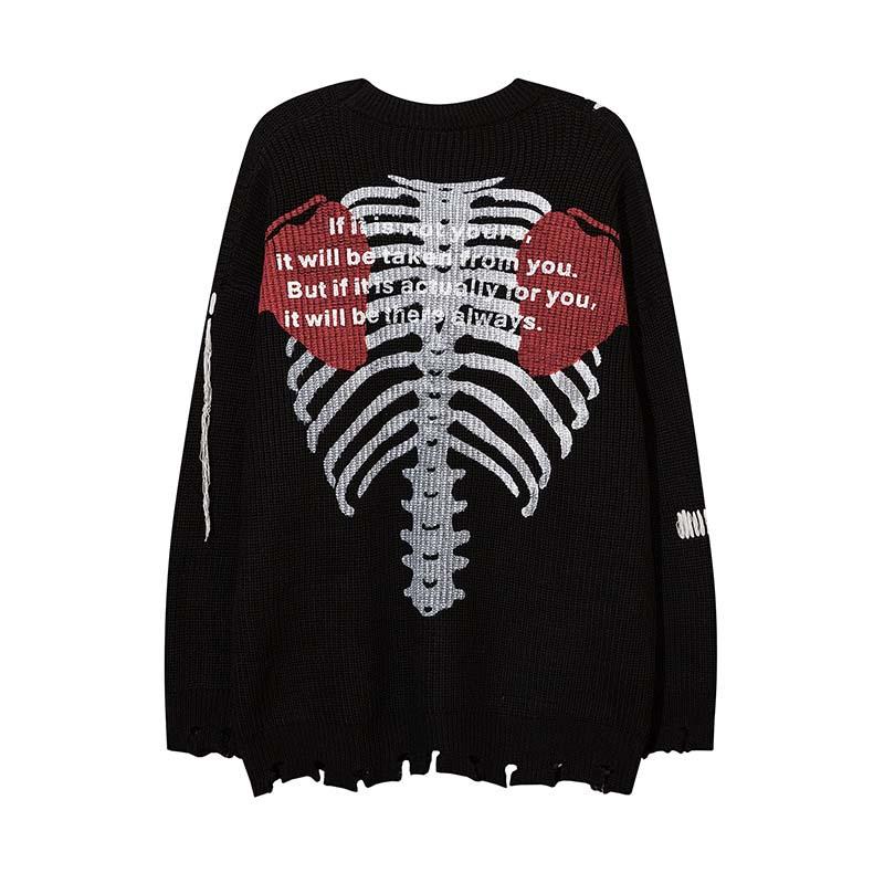 

Men's Sweaters High Street Skeleton Printed Oversize Knitted Sweater Black Streetwear Casual Pullover For Male Long Sleeves, White;black