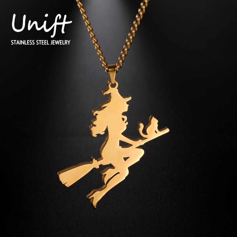 

Chains Unift Exquisite Cat & Witch Necklace Cartoon Character Stainless Steel Pendant For Women Girl Trendy Jewelry Accessory, Silver