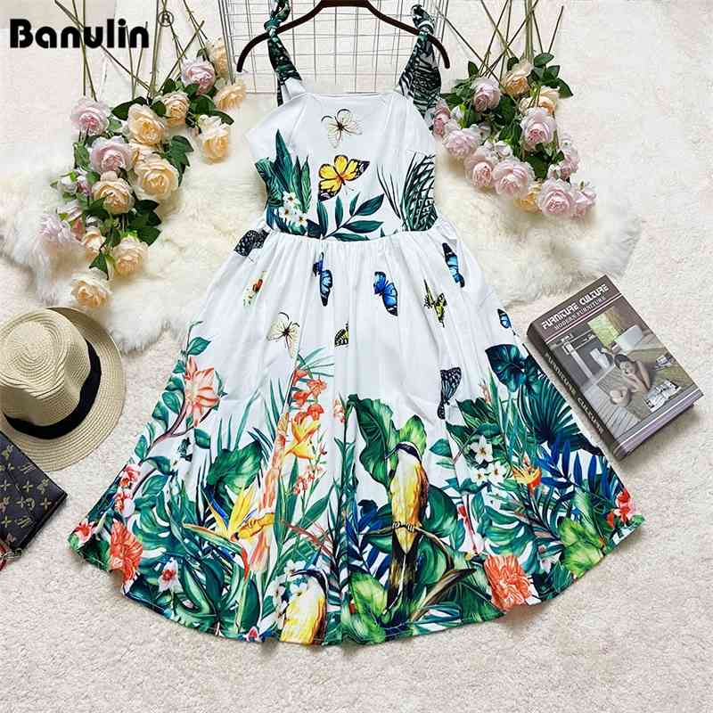 

Banulin Fashion Runway Elegant Summer Dress Women's Bow Spaghetti Strap Green Vintage Floral Print Cotton Short 210603