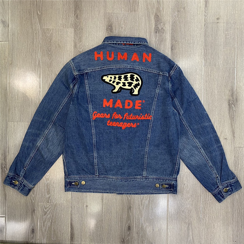 

2021 New Embroidered Polar Bear Human Made Denim Work Jackets Men Women Streetwear Cowboy Men's Jean Jacket Al8y