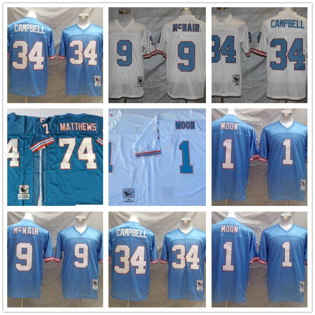 

NCAA Football 34 Earl Campbell Jersey 1 Warren Moonn 9 Steve McNair 74 Bruce Matthews 78 Cuyley Culp Blue White Mens Vintage, As shown in illustration
