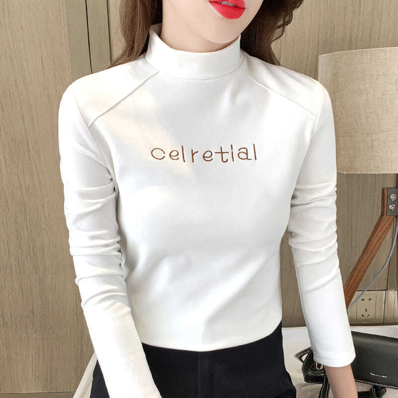 

Korean Style Womens T-Shirt Autumn Winter Warm Fleece Tops Soft Cozy Women Fashion Letter Embroidery Half Turtleneck Base Shirt, White