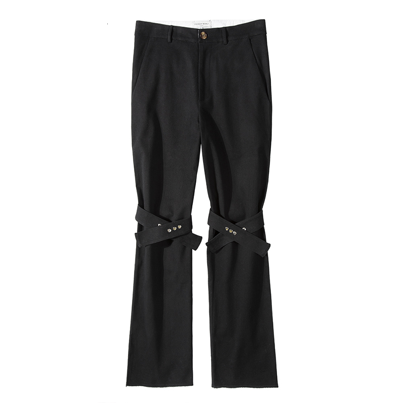 

2021 New Harajuku Knee Lace Up Straight Casual Black Suit Pants Men and Women Wide Leg Loose Strap High Street Trousers Lv0m