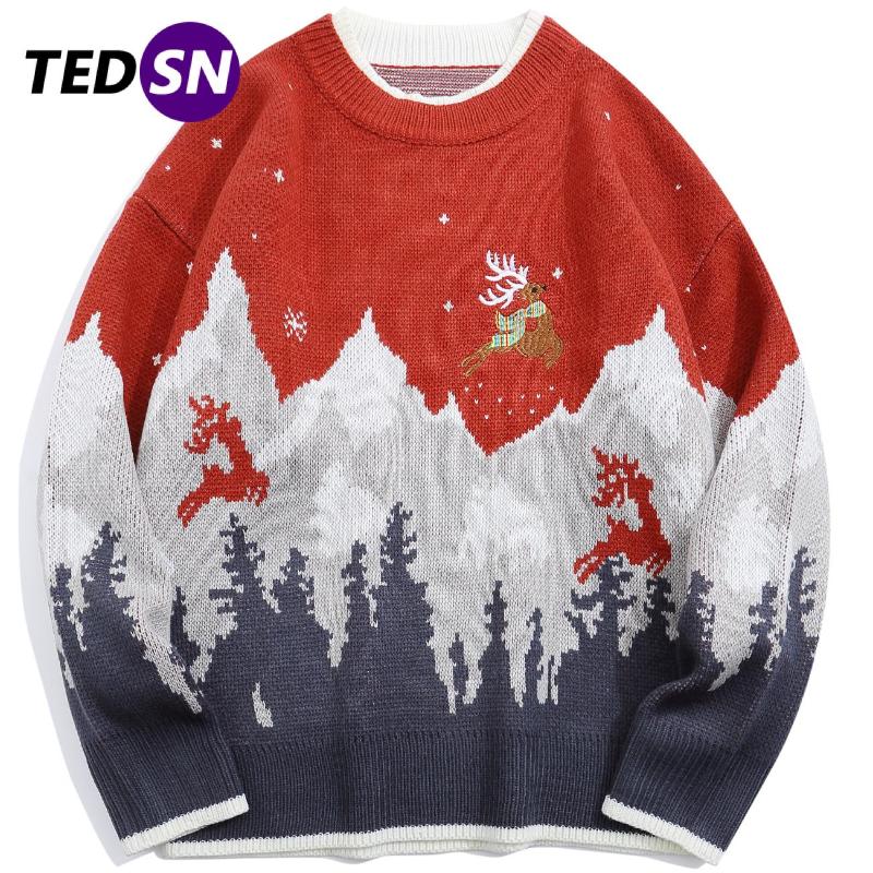 

Men's Sweaters TEDSN Fake 2 Pcs Harajuku Knitted Sweater Christmas Elk Men Women Streetwear 2021 Winter Jumper Pullover Oversize Wool Clothe, White;black