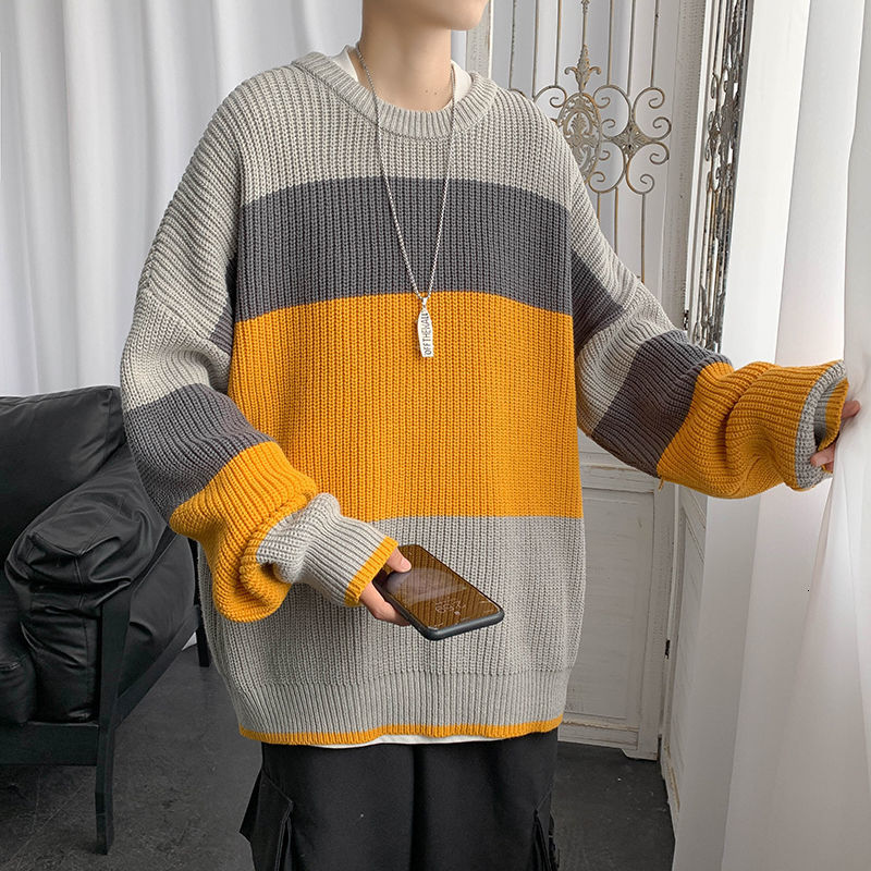

2021 New Korean Striped Sweater Men's Warm Fashion Casual O-neck Knitted Pullover Men Autumn Winter Knitting Sweaters Mens Clothes -2xl K7u, Gray