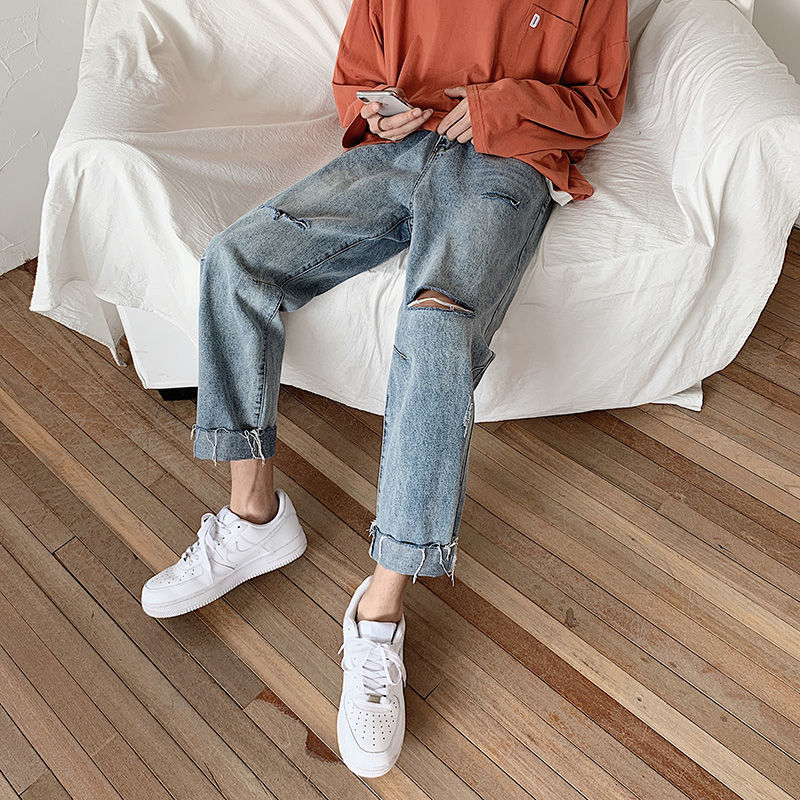 

2021 New Men's Fashion Light Blue Colour Casual Pants Holes Stretch Slim Fit Cargo Pocket Wash Jeans Biker Denim Trousers S-3xl Nzc6