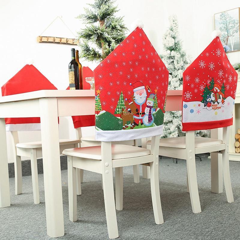 

6Pcs Christmas Ornaments Chair Cover Dinner Dining Table Santa Claus Snowflake Snowman Red Cap Ornament Back Covers Decor