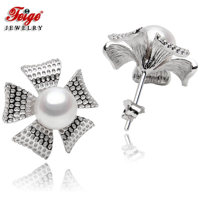 

Stud Vintage Flower 925 Sterling Silver 2 Colors Natural Cultured Pearl Earrings For Women Party Gifts Fine Jewelry FEIGE