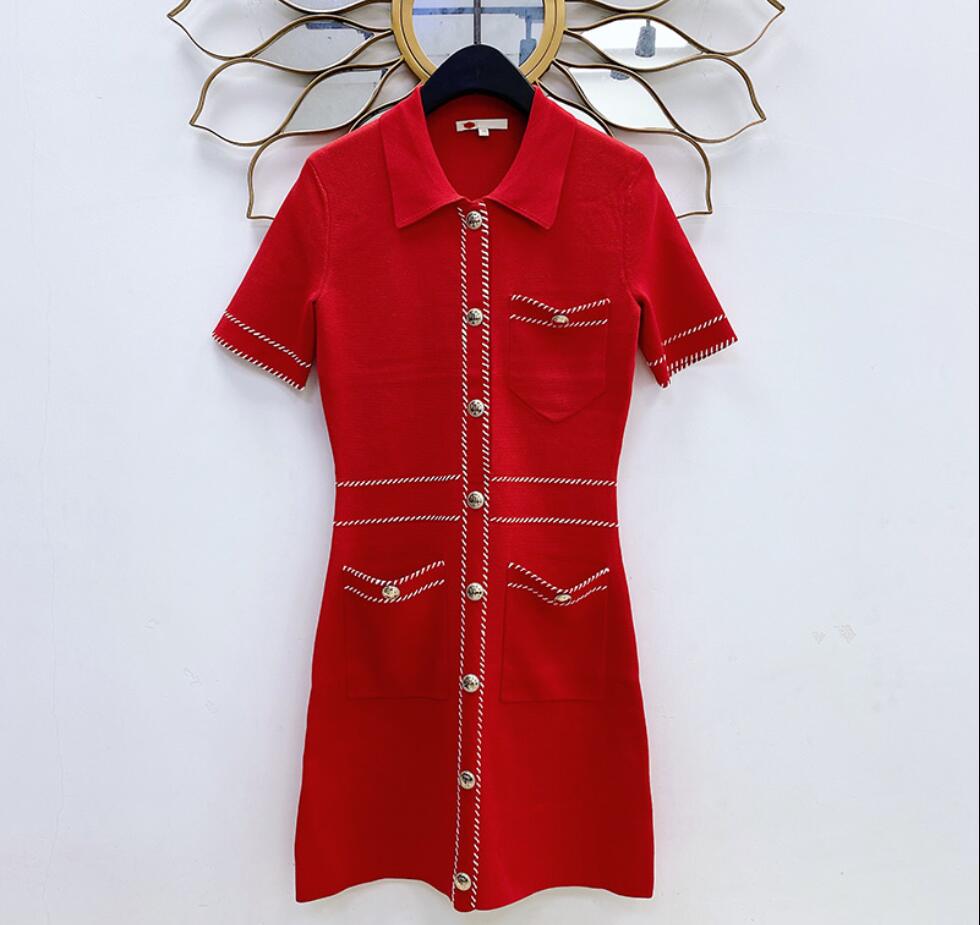 

New Maje Knitted Dresses  Logo Metallic Buttons Red Color Dress, Customize