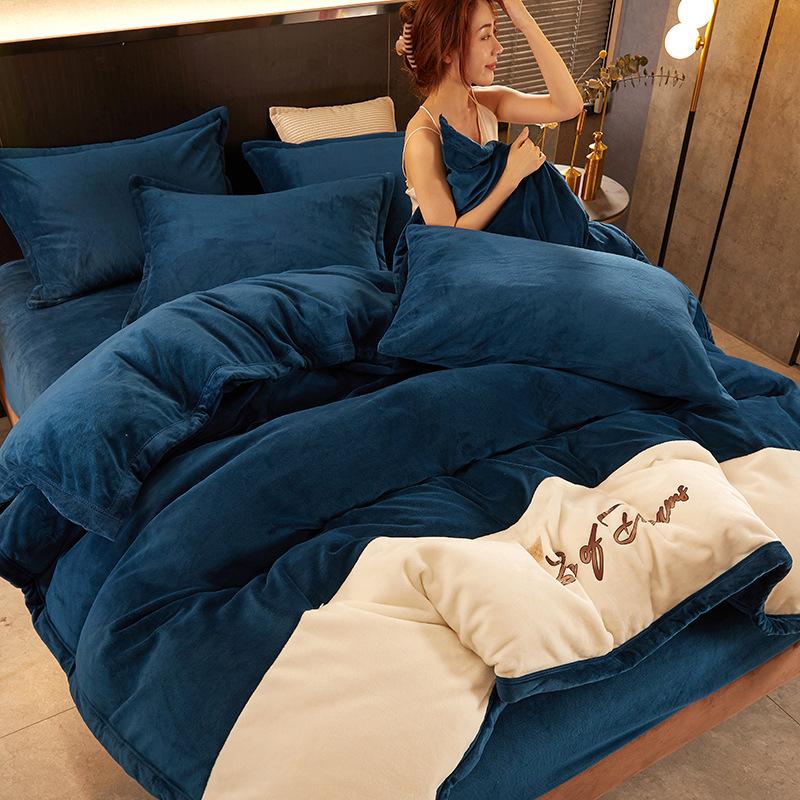 

Bedding Sets YT Plain Color Bed Sheet Double Milk Velvet Four-piece Set Thick Double-sided Baby Quilt Cover, White