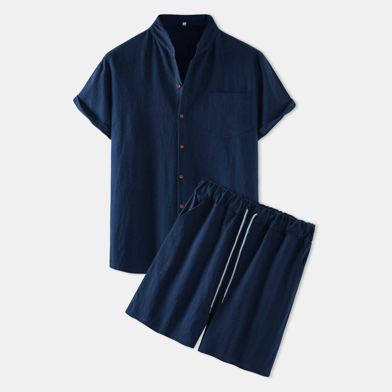 

Men Cotton Linen Sets Solid Color Short Sleeve Stand Collar Button Shirts Casual Shorts Chic 2021 Streetwear Mens Casual Suits X0610, Coffee