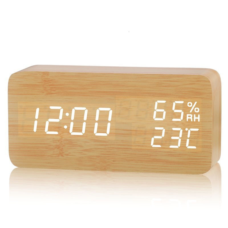 

straight rectangular creative led wood humidity temperature voice controlled electronic simple wooden alarm clock
