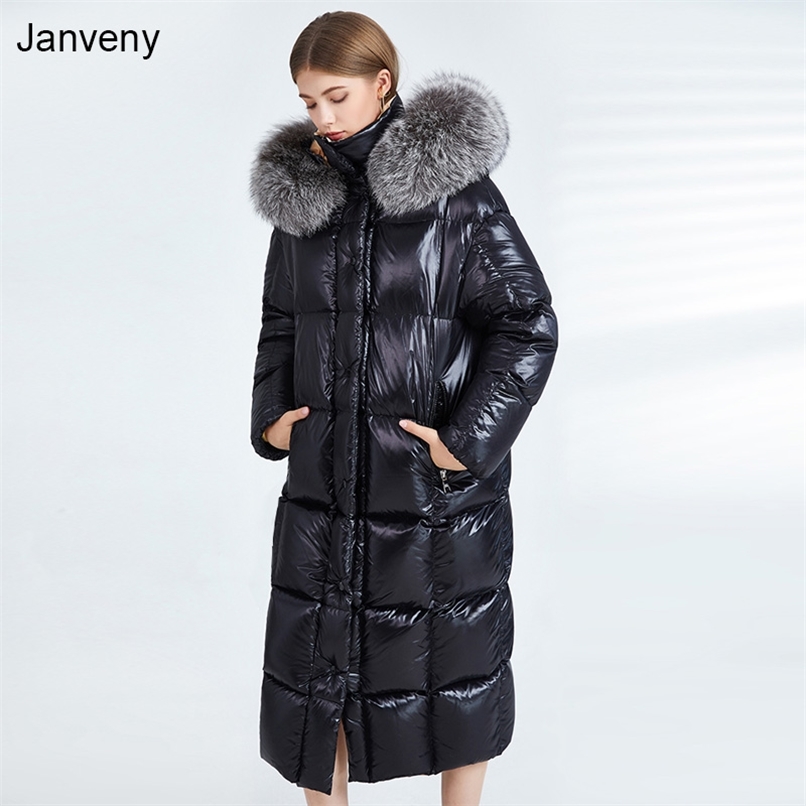 

Janveny Shiny Waterproof Long Puffer Down Jacket Women Big Real Raccoon Fur Hooded Winter Duck Down Coat Female Loose Parkas 211108, No fur
