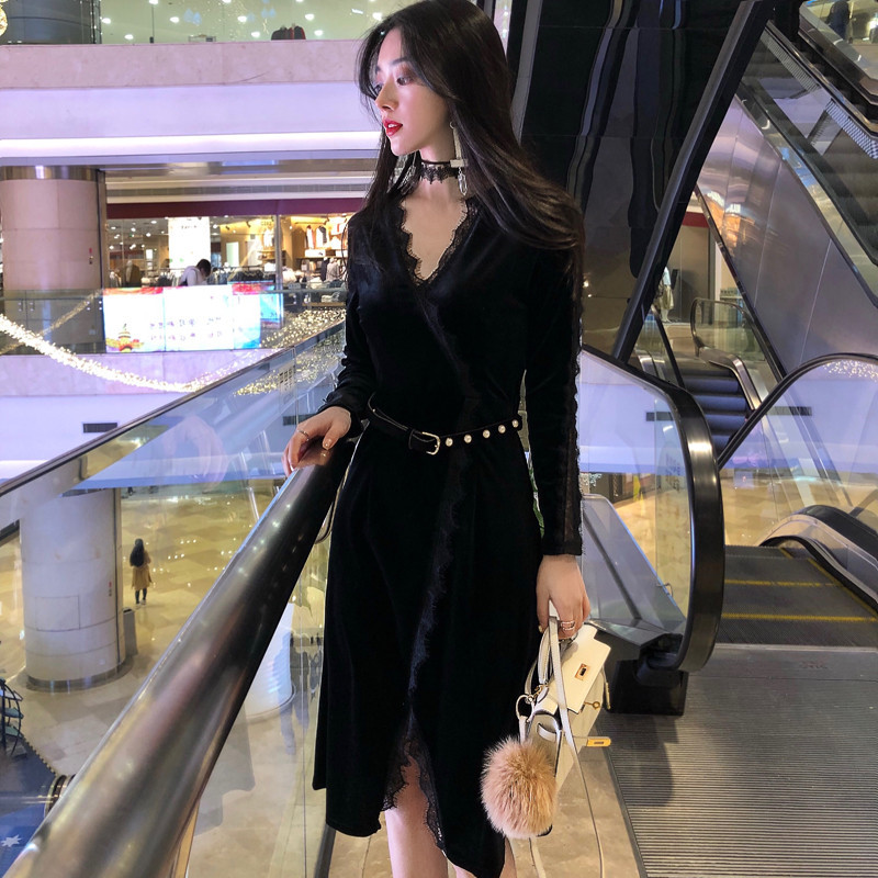 

2021 New Sexy Black Women V-neck Lace Veet Female Sashes Autumn Winter Bodycon Elegant Velour Es Vestido Wxf726 Lm6a
