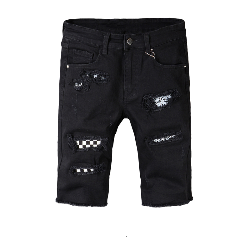 

2021 New Summer Men's Male Street Fashion Brand Patch Denim Shorts Black Personality Printing 1/2 Youth Breeches Xdti, Beige