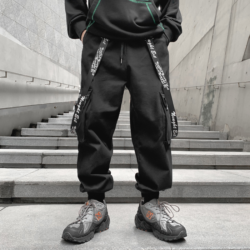 

New Male Ribbons Streetwear Cargo 2021 Autumn Hip Hop Joggers Fashionable Black Overalls Baggy Dropshipping Pants Pockets Nbte
