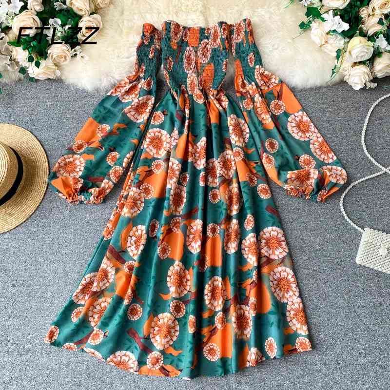 

Women Bohemian Dress Vestido Spring Autumn Long Sleeve Sexy Off Shoulder Vintage es Ladies Floral Print Midi 210602, Green