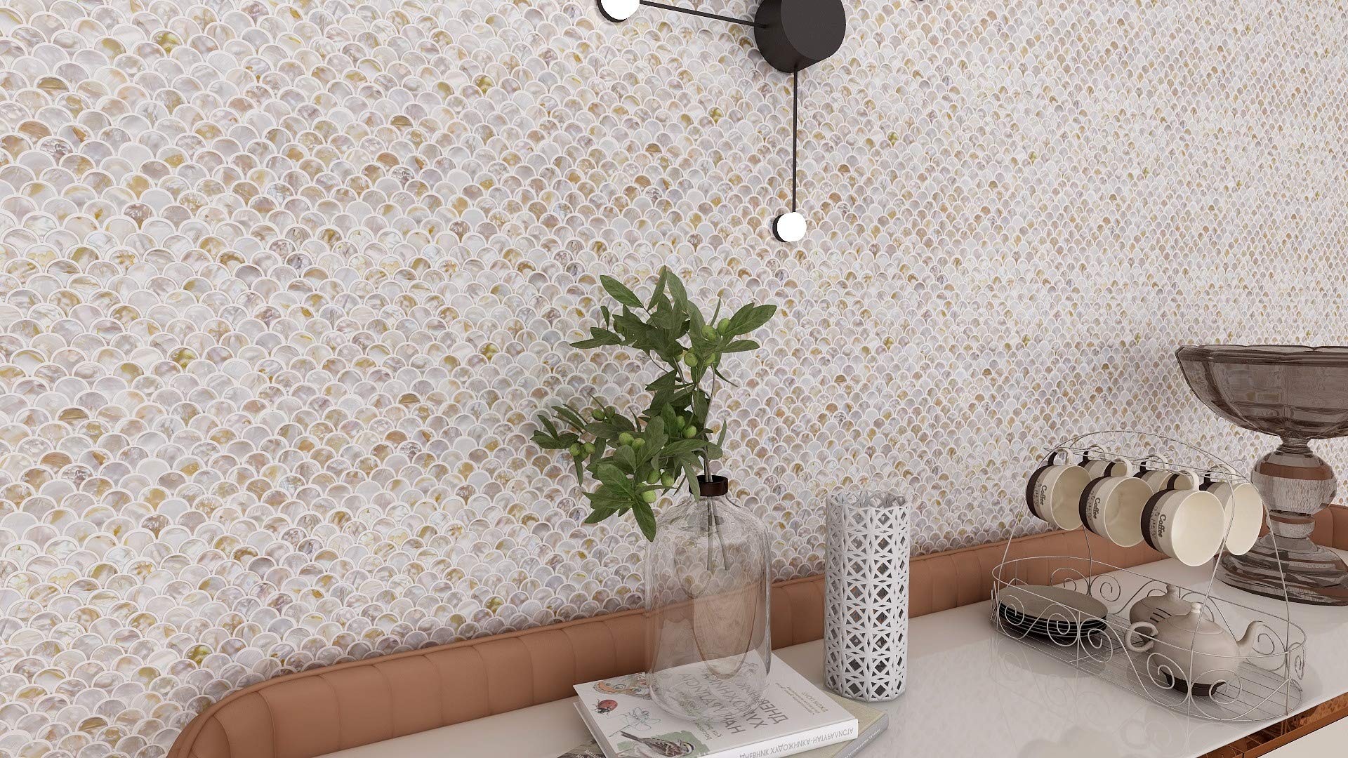 Art3d Mother of Pearl Colorful Bathroom Wall Stickers Fan Shaped Fish Scale Mosaic Tile Honed 6 Sq Ft