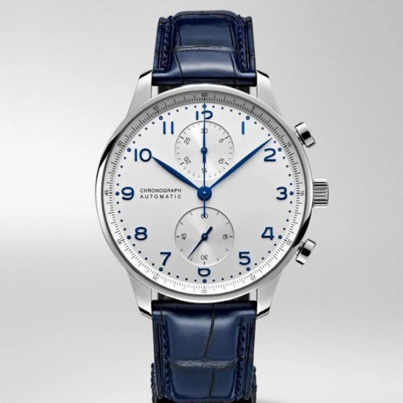 

Classic New Quartz Movement Chronograph Men Watch Stopwatch Sapphire Watches Silver Blue Leather Sport Limited White Dial, Make waterproof 50m