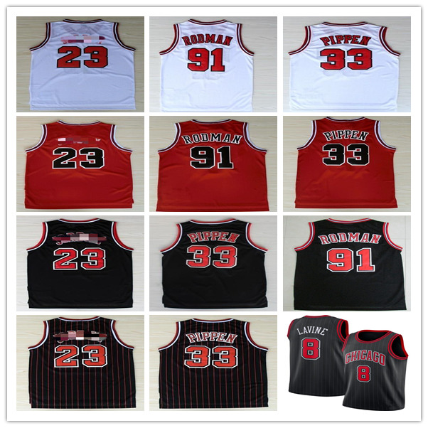 

Mens 23 MJ Basketball Jersey Zach 8 LaVine Scottie 33 Pippen 91 Dennis Basketball Jerseys Swingman Red White Blue Black Jerseys, Black;red