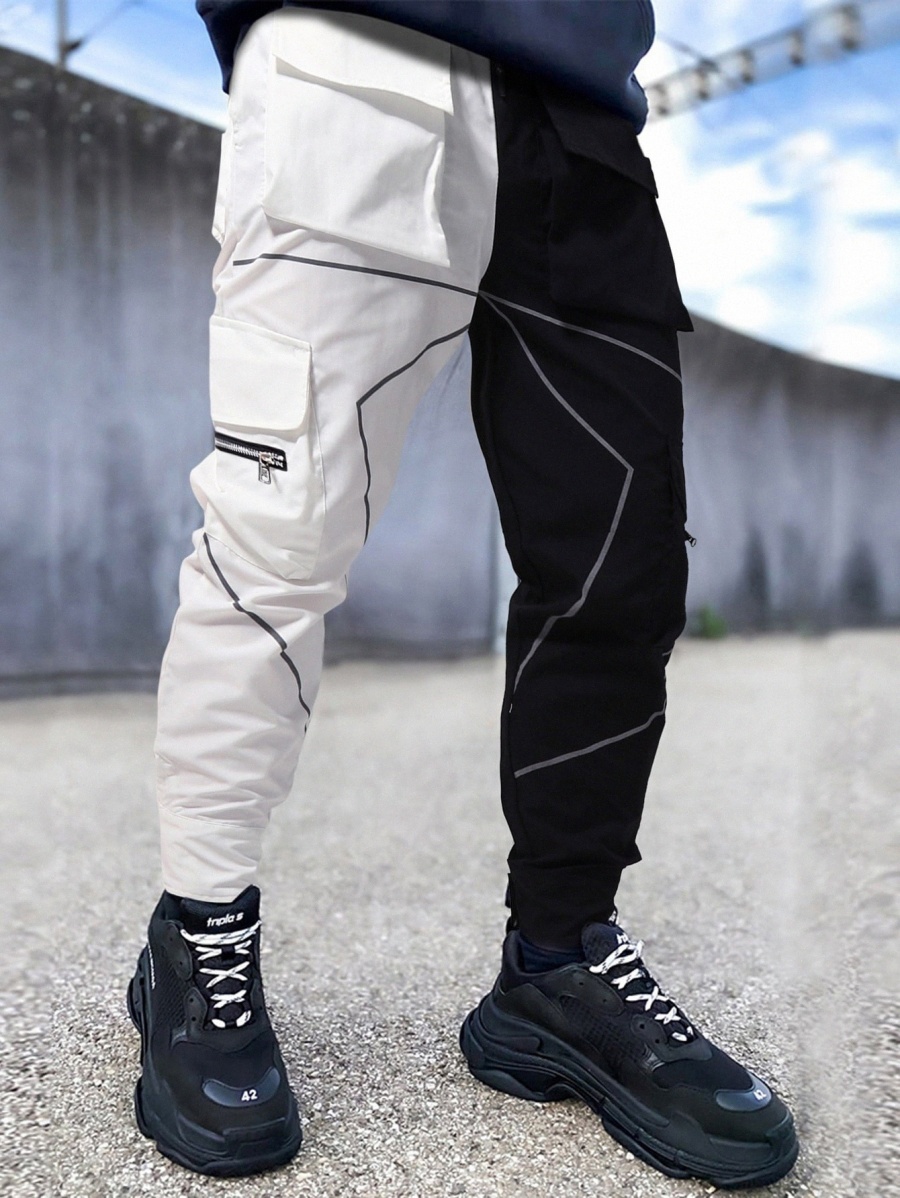 

Men Reflective Binding Two Tone Flap Pocket Cargo Pants 56qO#, Black and white