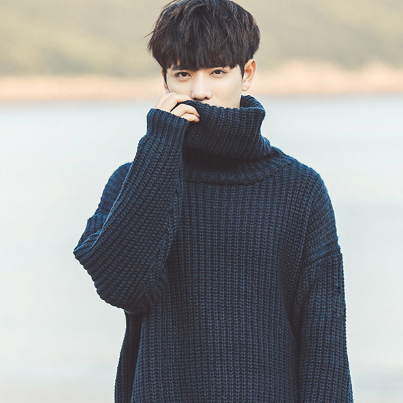 

Mens Winter Turtleneck Sweater Korean Trend Students Thickened Loose Couples Knitted Coat, Sky blue