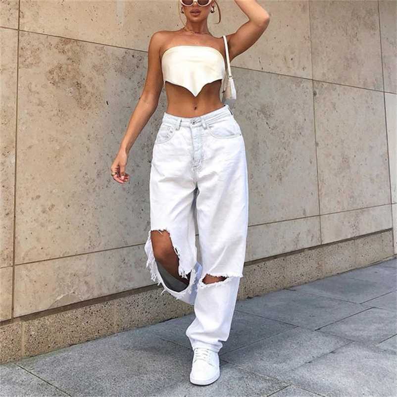 

High Waist Hole Ripped White Jeans Women Y2K Vintage 90S Denim Straight Pants Streetwear Hollow Boyfriend Baggy Denim Trousers 211111