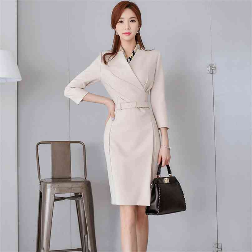 

OL Office Dress for women Autumn long Sleeve V neck cotton Sexy Ladies Fashion Formal Midi Dresses 210602, The picture color