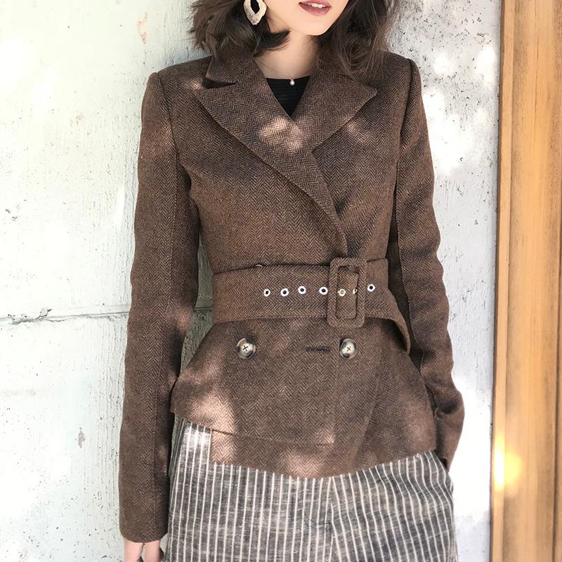 

Women' Suits & Blazers Women Jacket Striped Suit 2021 Autumn Winter Thick Short Belt Slim-Fit Woolen Herringbone Notched Collar Office Lady, Gray