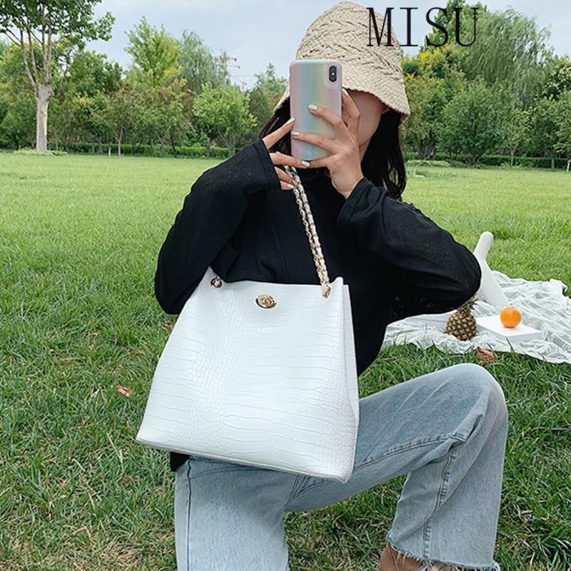 

Casual Crocodile Pattern Bucket Bags Women Large Capacity Chain Shoulder Bags Fashion Ladies Solid Color Tote Bag Women Handbag, Black