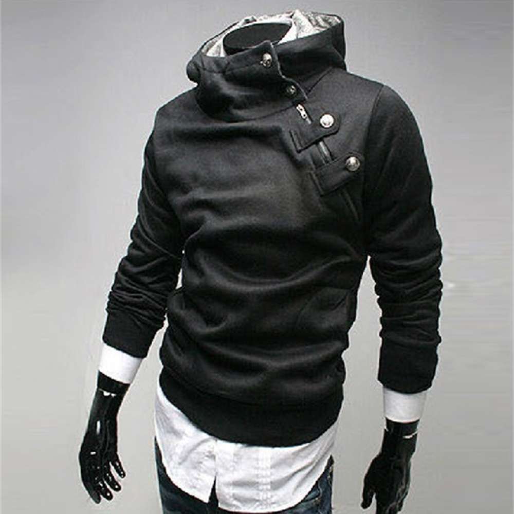 

European extra large boutique men's rabbit hair Hooded British fashion inclined zipper Sweater, Black