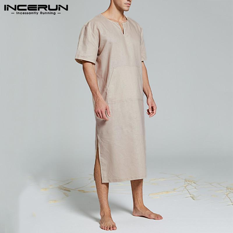 

Men' Sleepwear INCERUN Men Solid Color Robes Pajamas Short Sleeve V Neck Fashion Comfort Cotton Homewear Big Pockets Nightgown Mens Bathrob, Beige