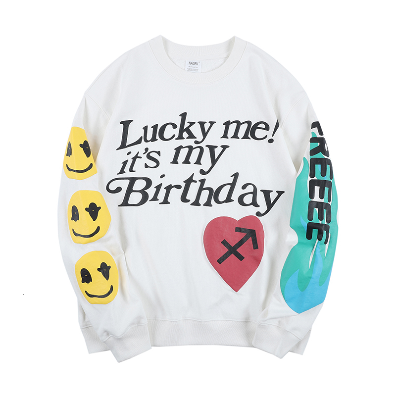 

2021 New Kanye West Lucky Me Smiley Carta Impresso Moletom Homem e Mulher o Pescoo Coisas Estranhas Oversize Hoodies Streetwear Casual Com C, White