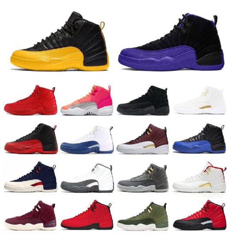 

2021 12s Jumpman Stone Blue FIBA 12 Mens Basketball Shoes Reverse Flu Game Metallic Gold Dark Grey Sports Sneakers Size 13, Color 7