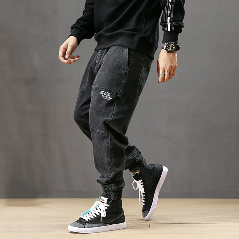 

2021 New Fashion Streetwear Men Spliced Designer Denim Cargo Pants Harem Slack Bottom Printed Hip Hop Jogger Jeans Size -42 5ye9, Black