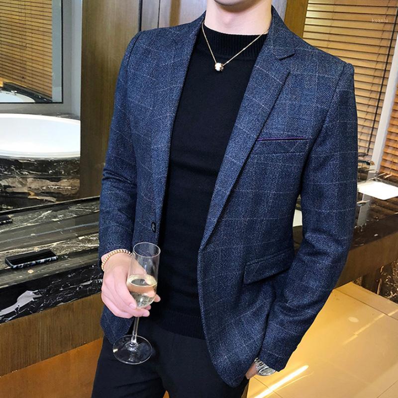 

Vintage Plaid Blazer British Stylish Male Suit Jacket Business Casual One Button For Men Regular Men's Suits & Blazers, Blue