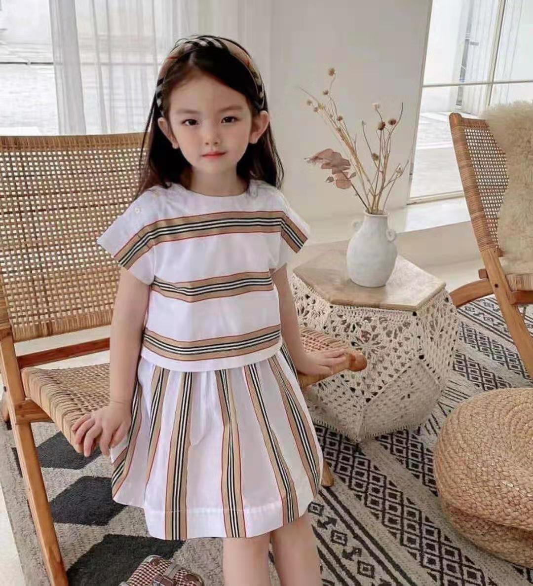 

B Round Neck Stripe Short Sleeves Dresses Sumner 2021 Kids Boutique Clothing Kids Girls Dresses Special Products, White