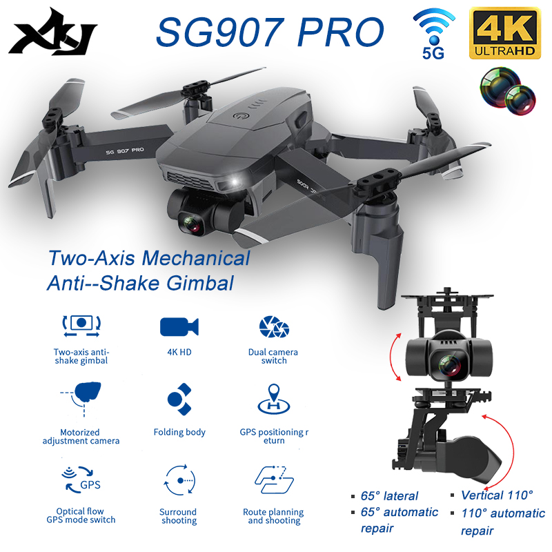 

XKJ 2020 New SG907Pro Drone GPS with 4K HD Dual Camera 2-Axis Gimbal 5G WIFI RC Foldable Quadcopter Professional Drones Toy Gift, Gray
