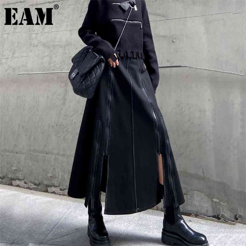 

[EAM] High Waist Black Brief Zipper Spliced Long Split Joint Half-body Skirt Women Fashion Spring Autumn 1DD1712 210708