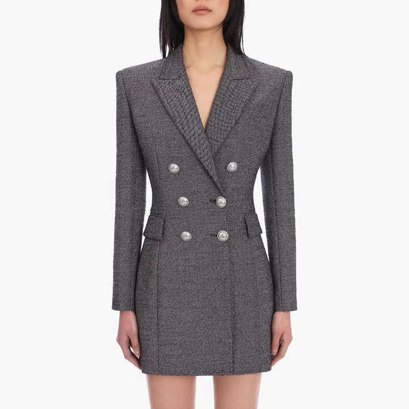 

HIGH QUALITY est Baroque Designer Dress Women's Long Sleeve Double Breasted Metal Lion Buttons Notched 210526, Gray