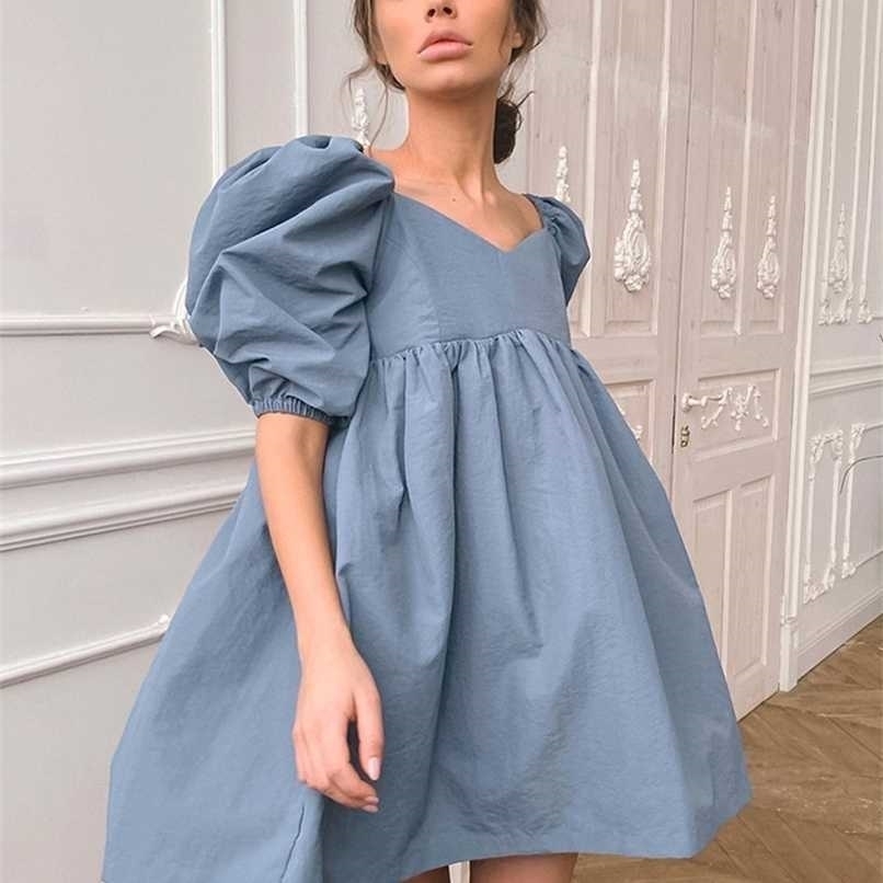 

Bclout Vintage Blue Black A-Line Mini Dress Woman Summer Loose Sexy Patchwork Party Dress V Neck Half Sleeve Party Vestido 211029, Light blue