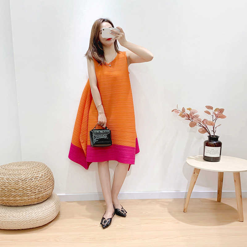 

Contrast Color Fall Plus Size Loose Slim Pleated A Line Sleeveless V Neck Bottom Dresses for Women 210615, Orange