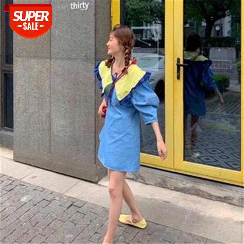 

Short-sleeved A-line dress female 2020 new summer girl loose puff sleeve Solid Color high waist Ruffed Neck mid-length skirt #bZ5T, Black;gray
