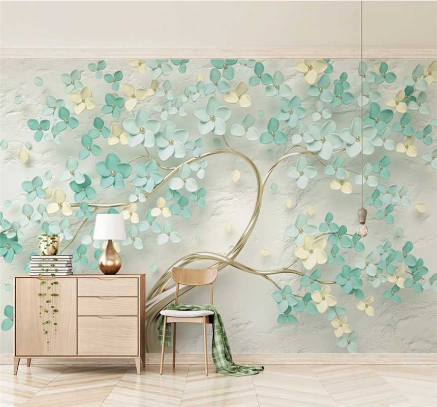 

New small fresh mint green 3d three-dimensional flower embossed background wall custom wallpaper 5D/8D wall covering, Silk cloth