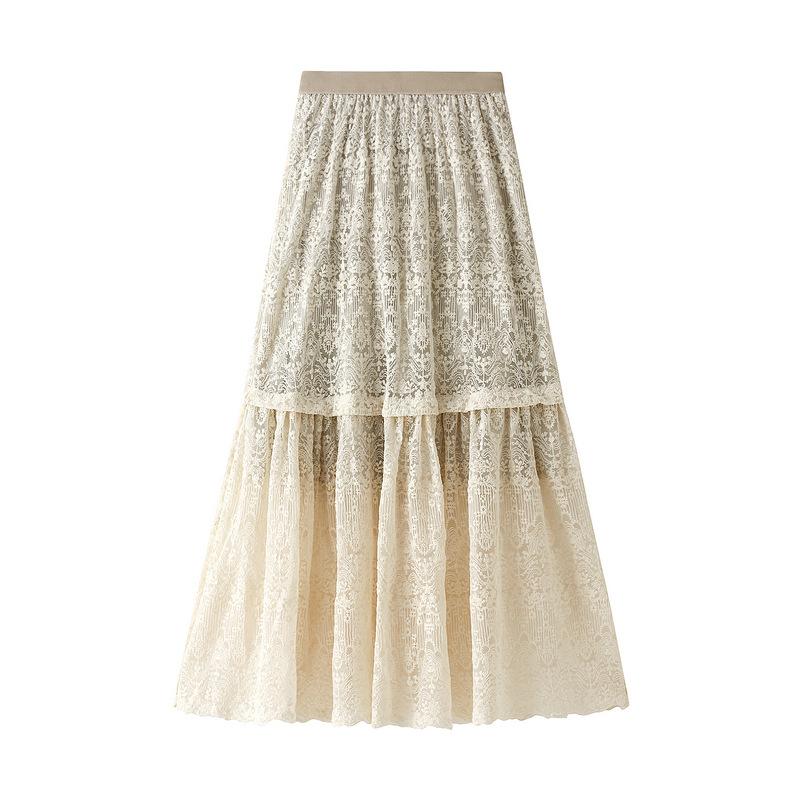 

Skirts Women Chiffon Skirt Summer Thin Solid Pleated Womens Saias Midi Faldas Vintage, Beige