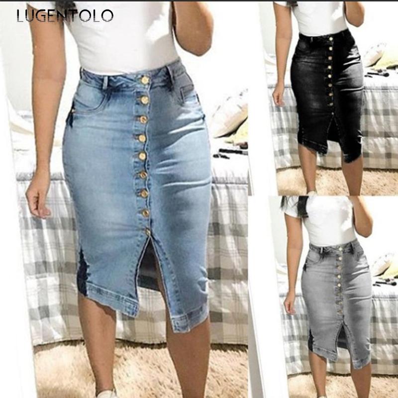 

Skirts Lugentolo Sexy Denim Skirt Women Tight Solid Button Slim Female Fashion Split Fork Casual High Waist Pocket Mid, Black