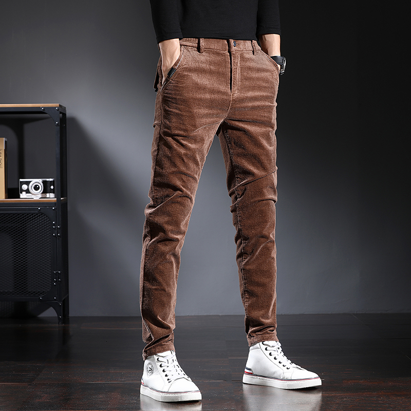 

2021 New Autumn Newly Designer Fashion Men Jeans Slim Fit Casual Corduroy Pencil Pants Streetwear Korean Style Elastic Long Trousers M0pm, Gray
