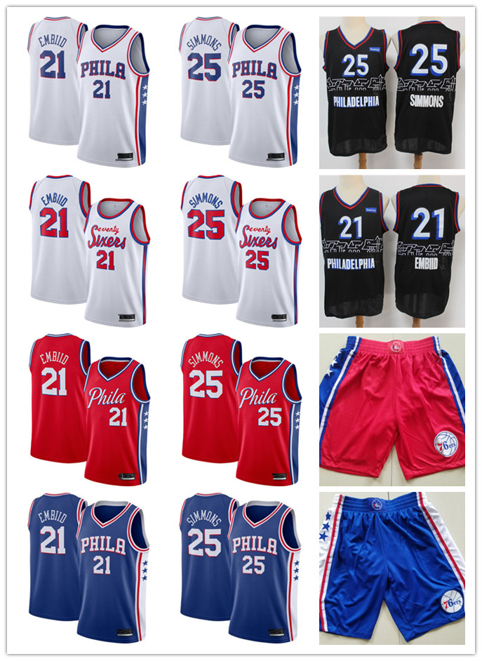 

Mens Philadelphia Throwback 76ers Joel 21 Embiid Ben 25 Simmons Hardwood Classics Basketball Jersey Basketball Shorts 3X, Black;red