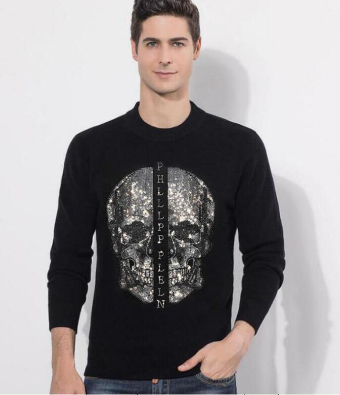 

2021 New Plus Size S-3xl Skull Rhinestones Sweaters Men Winter Top o Neck Slim Fit Sweater High Quality Ontl, As shown