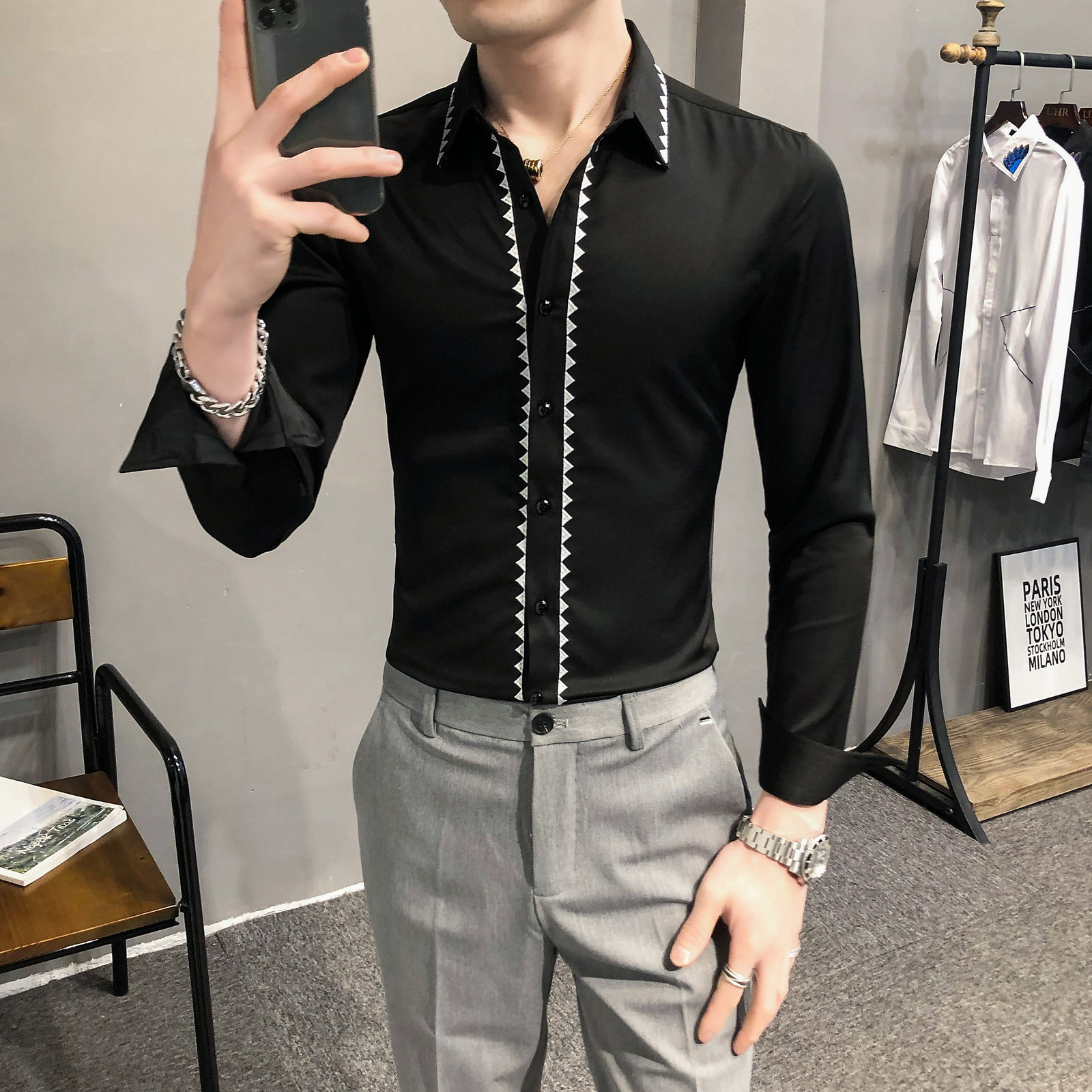 

New Preto/branco Primavera Novas Camisas Manga Longa Roupas Masculinas 2021 Simples Bordado Vestido De Cavalheiros Negcios Formal Wear Cc5p, White